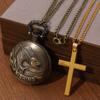 2pcs/set,1PC Retro ‘Fishing Pattern Design’ Quartz Pocket Watch & 1PC Mens Vintage Classic Golden Cross Necklace Pendant,ideal Choice for Gifts