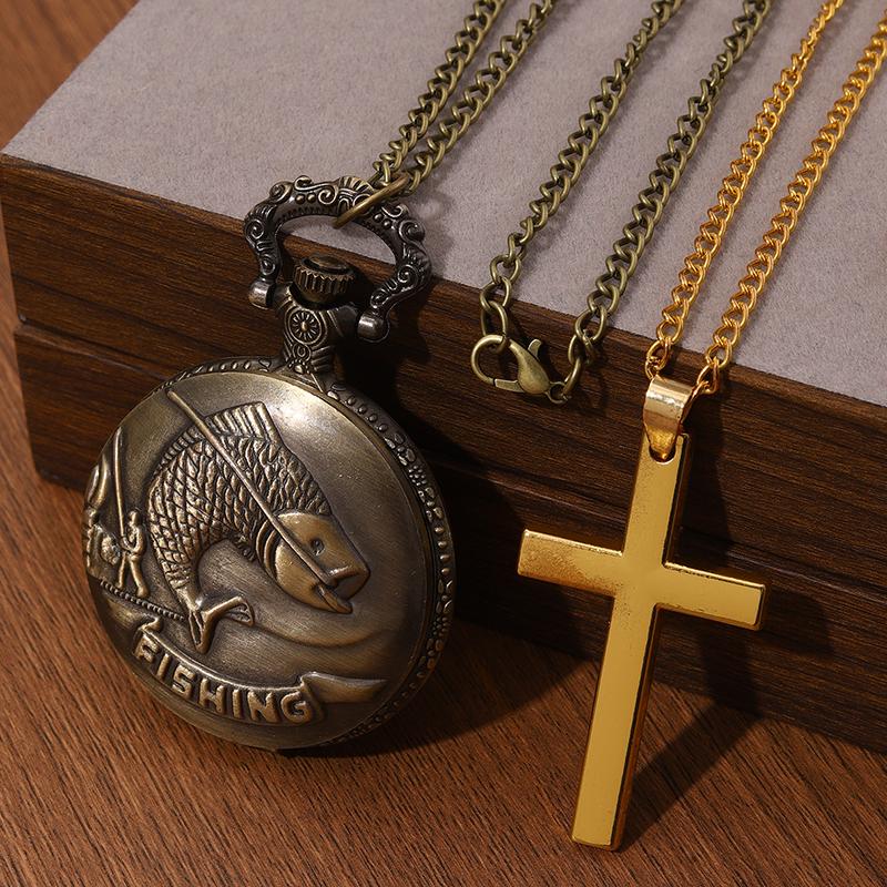 2pcs/set,1PC Retro ‘Fishing Pattern Design’ Quartz Pocket Watch & 1PC Mens Vintage Classic Golden Cross Necklace Pendant,ideal Choice for Gifts