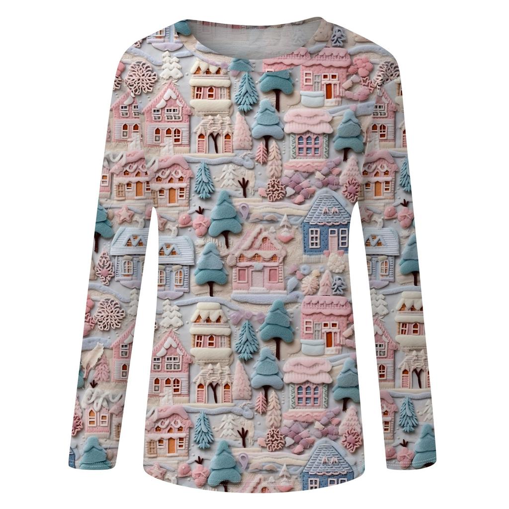 Womens Long Sleeve Round Neck Shirts Tee Casual TopChristmas Print Tunic Outfits Loose T Shirts
