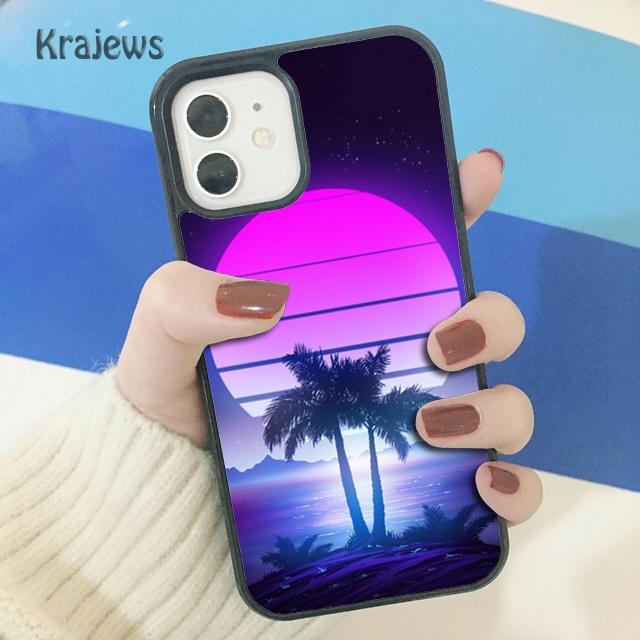Krajews 80s Retrowave Neon Palms Tree Soft Phone Case Cover For iPhone 17 Air 16 15 14 plus 11 12 13 pro max coque Fundas