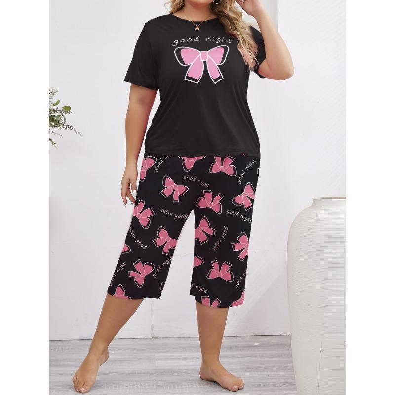 Women's Spring/summer Printed Pajamas Short Sleeve Cropped Trousers Set Milk Silk Home Wear
