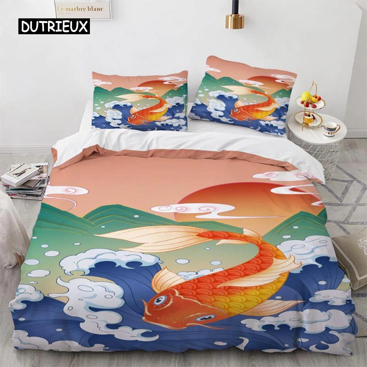 

Wave Soft Duvet Cover Set Hokusai Patern Japanese Ukiyoe Comfortable Quilt Cover Oriental Sketch Style Ocean Quen Twin Polyester Beding Set 120*200cm Single
