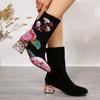 Flower medium boots autumn and winter new round head side zipper embroidered large size rhinestones and medium heel leather boots