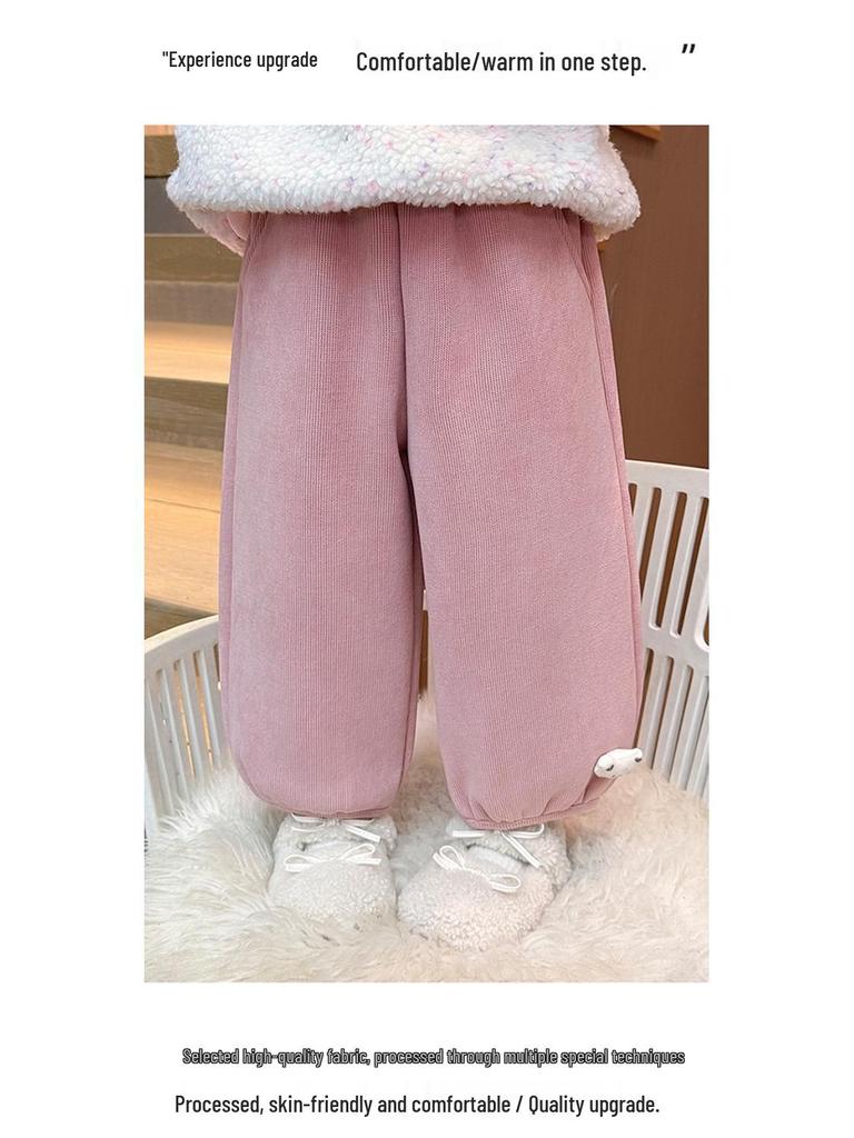 Meng Tang Tang Girls' Plus Velvet Cartoon Pants - Stylish Winter Wear for Kids