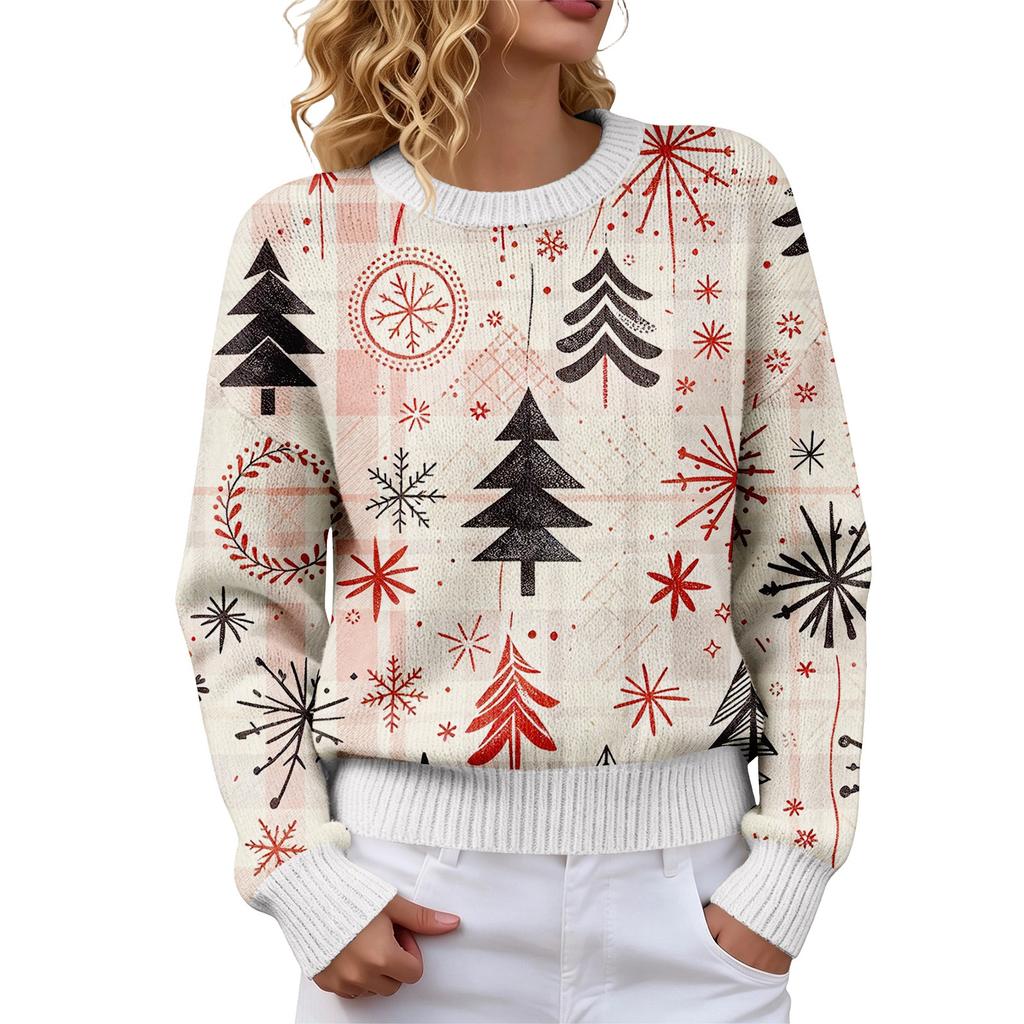 Women's Christmas Print Crewneck Long Sleeve Sweater for Fall Winter Casual Wear