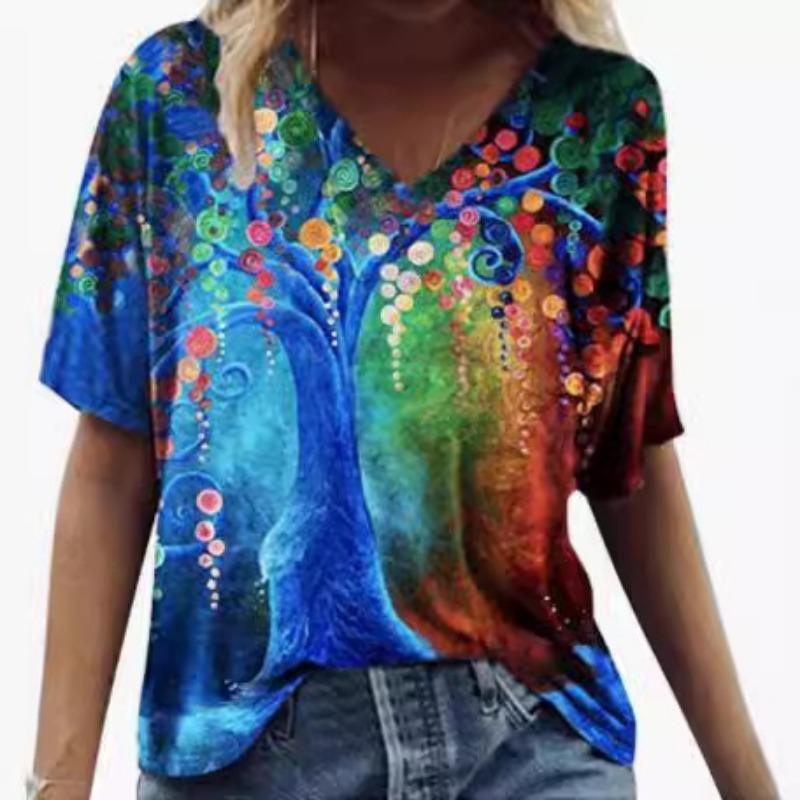Summer V-neck 3D Feather Flower Printed Top Fashionable Casual Short Sleeved Women's T-shirts