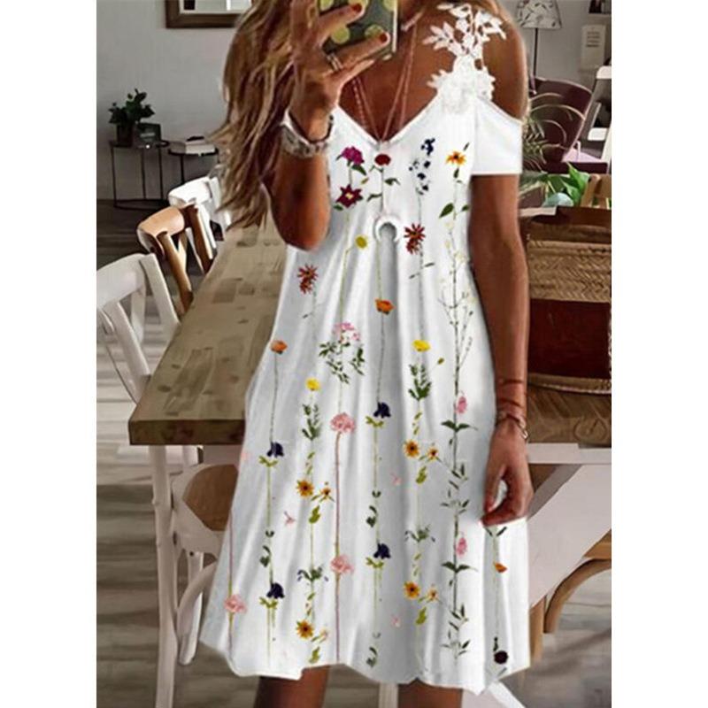 Vestido de Verano con Hombros Descubiertos de Encaje y Manga Corta Nuevo Estampado Holgado Casual Vestidos de Fiesta Moda Femenina Elegante Línea A Talla Grande Ropa Dulce