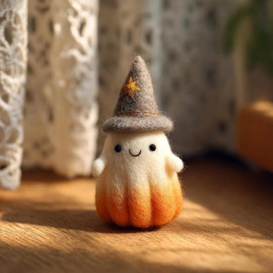 Handmade Felt Halloween Ghost Pumpkin with Wizard Hat Wool Felted Ghost Ornament for Halloween Home Shelf Desk Decor