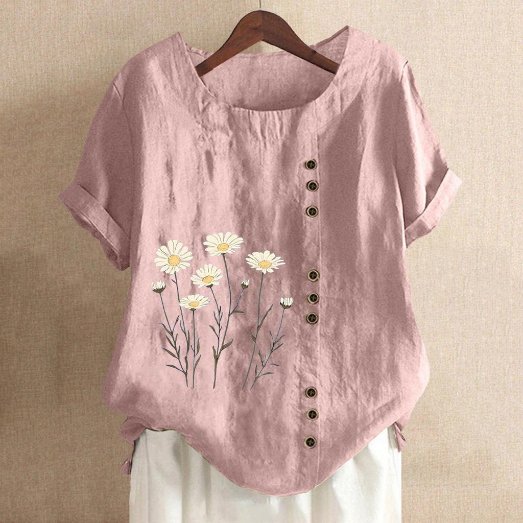 Mote dame avslappet rund hals kort erm bomull og lin trykt t-skjorte topp