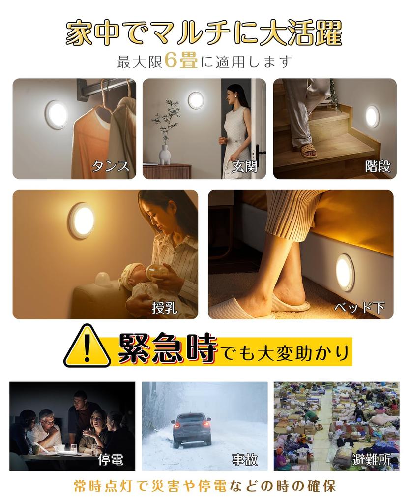 Indoor LED Sensor Light with Motion Sensor, Type-C Rechargeable, Dimmable and Color-Adjustable, Compact, 12W, 2000lm, 5-Level Timer, Memory Function,