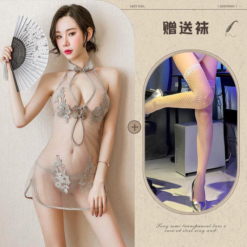 New European and American erotic underwear, sexy lace slit uniform mesh classical embroidered cheongsam set