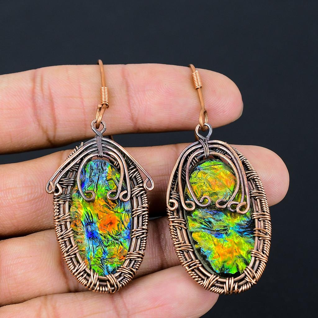 Scoică Abalone Bijuterii Handmade Înfășurate cu Sârmă de Cupru Cercei 2.64 d7r76