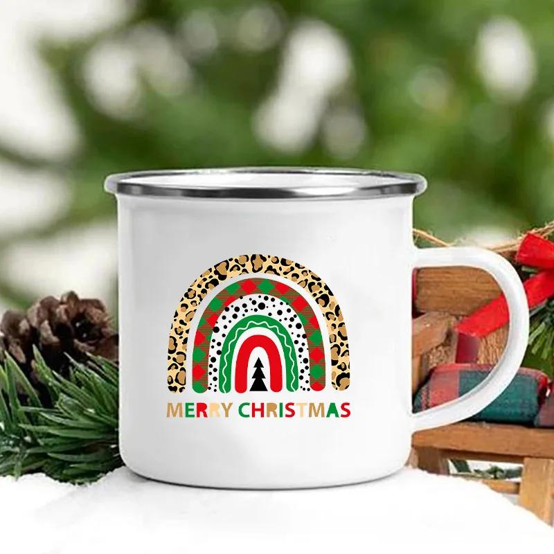 Merry Christmas Print Creative Enamel Coffee Tea Wine Drink Mug Dessert Hot Cocoa Milk Cup Cake Mugs Handle Drinkware Xmas Gifts