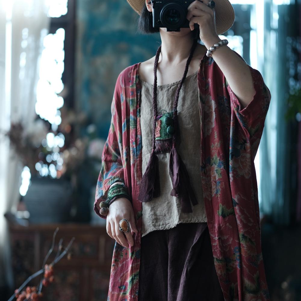 Johnature Women Vintage Print Floral Shirts Red Seven Sleeve Tops Summer Chinese Style Women Long Blouses