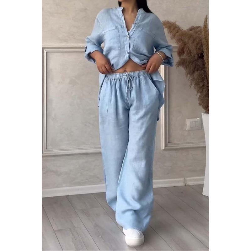 Spring Autumn Women's Plain Single-Breasted Long Sleeve Shirt Wide Leg Trousers Lacing Pants Suit