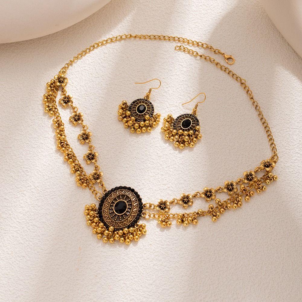 Ethnic Style Necklace Earrings Set Rhinestone Inlaid Women Jewelry Set  Women