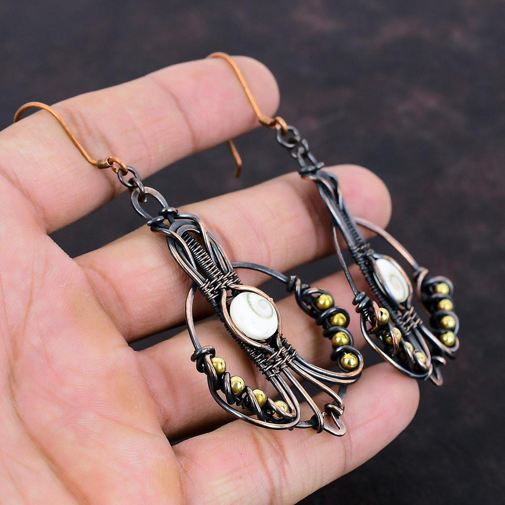 Shiva Eye Shell Earring Copper Wire Wrapped Earrings Unique Earring Copper Jewelry Gemstone Earrings Handmade Wire Jewelry Anniversary Gift