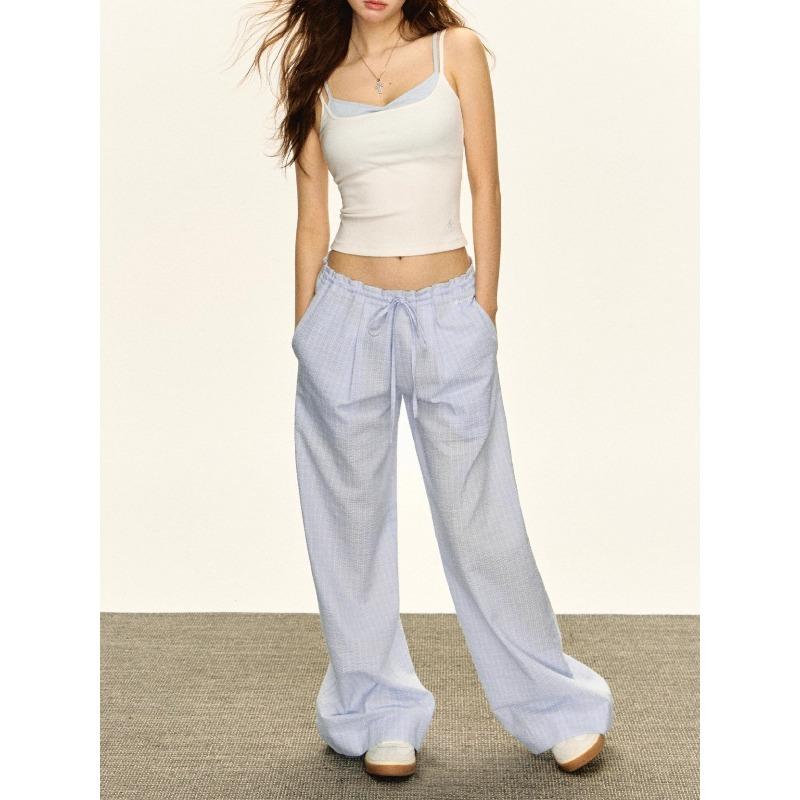 American Retro Thin Blue Plaid Casual Pants Women's Summer New Low-rise Loose Wide-leg Pants