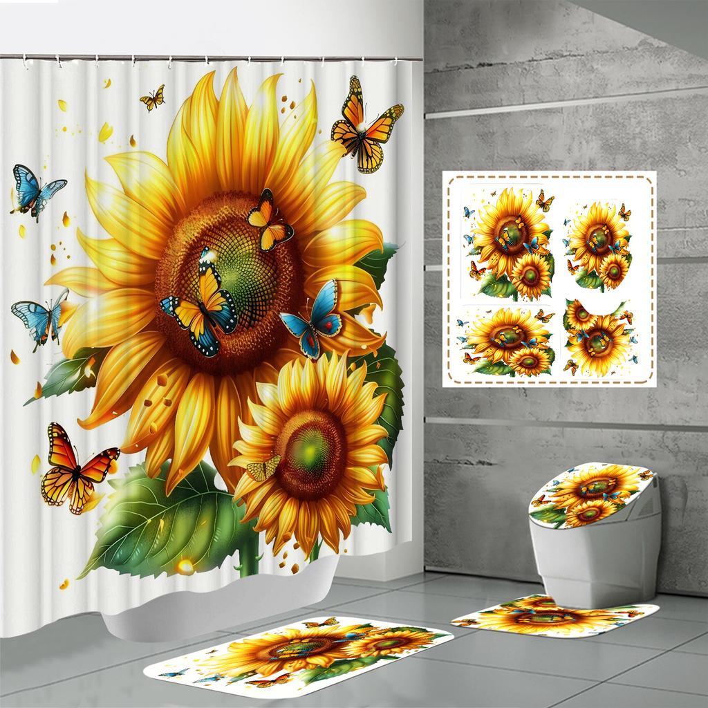 4PCS Shower Curtain Sets With Shower Curtain And Rugs Toilet Lid Rug U Shape Mat And Bath Mat Bathroom Set With 12 Hooks