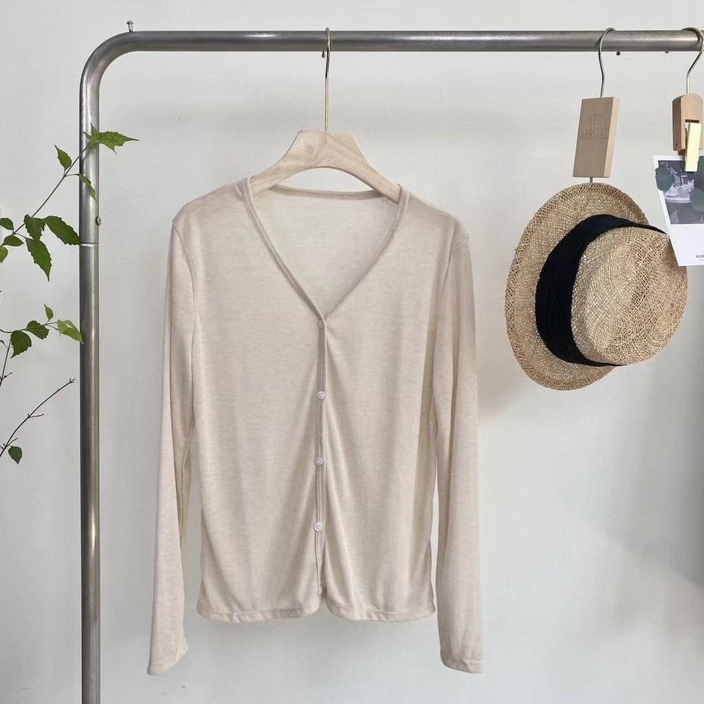 Tencel Cardigan Korean V Neck Knit Top Solid Summer Air Conditioning Cover Long Sleeve Base Layer Women Slim Fit
