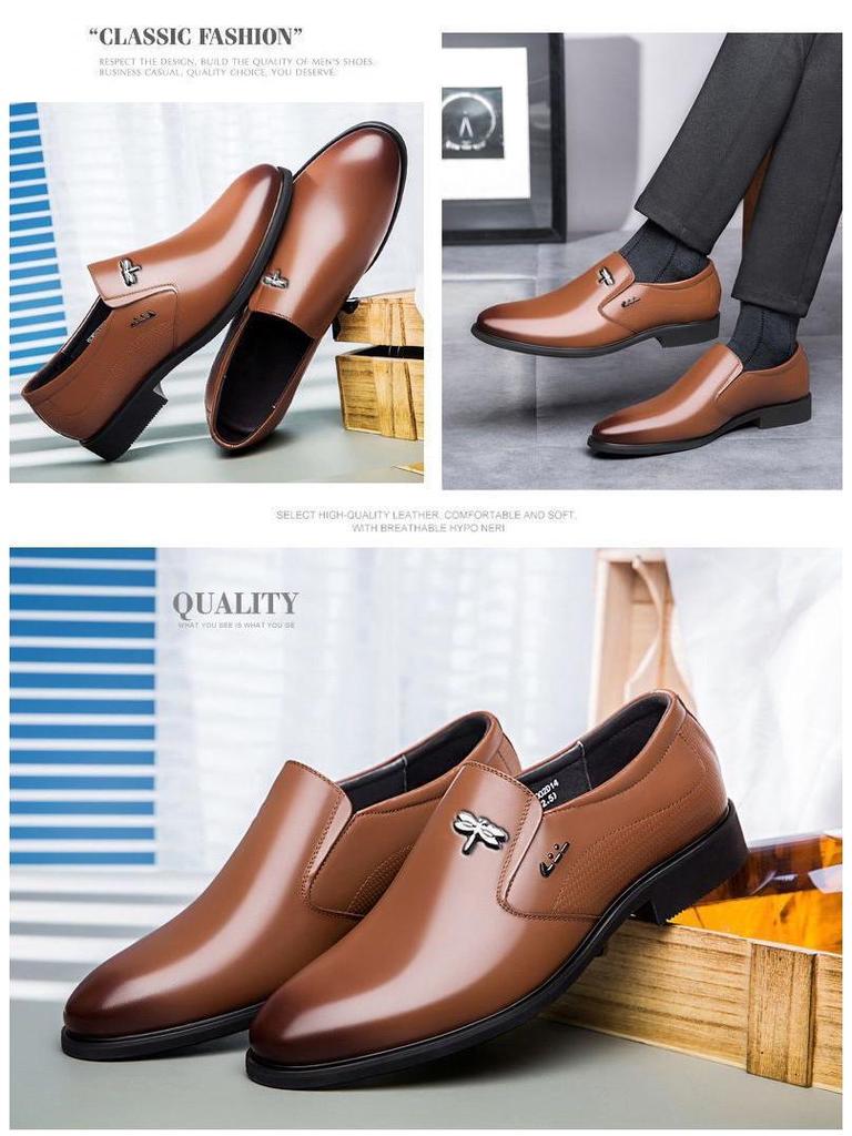 Genuine Dragonfly Men's Comfortable Leather Wedding Shoes, Soft Cowhide, Lightweight, Height-Enhancing, Casual Style.