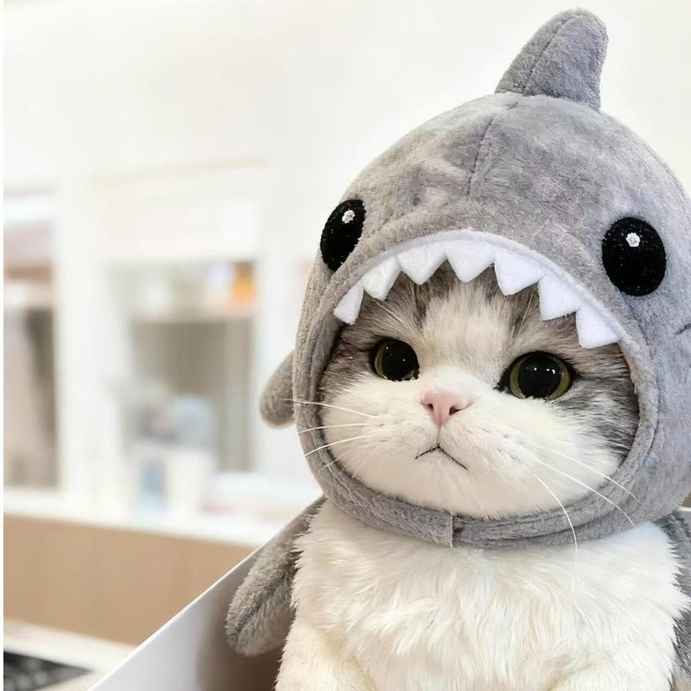 Cartoon Cat Shark Headdress Warm Plush Pet Cosplay Headwear Cat Decorative Hat  Winter Season