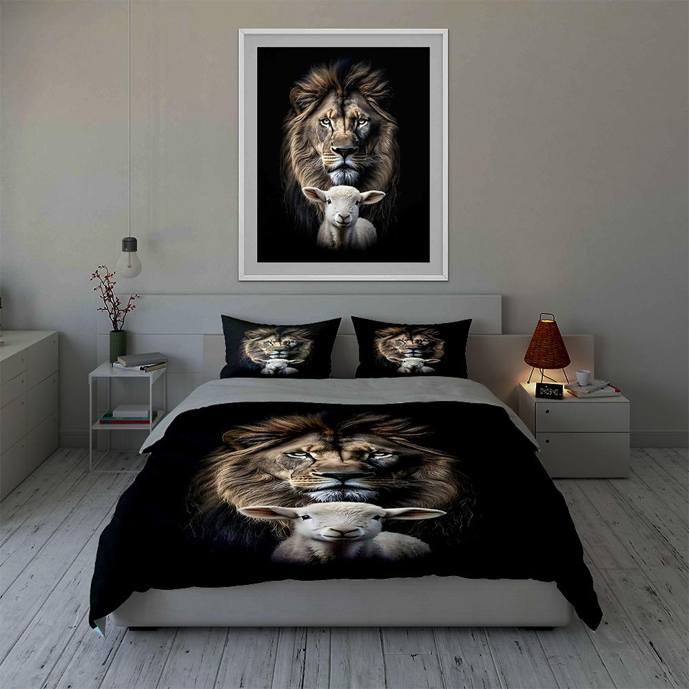 Lion lamb portrait Bedding Duvet cover sets Duvet covers Pillowcases gifts (1 * Duvet Cover 2 * Pillowcases, without duvet insert)