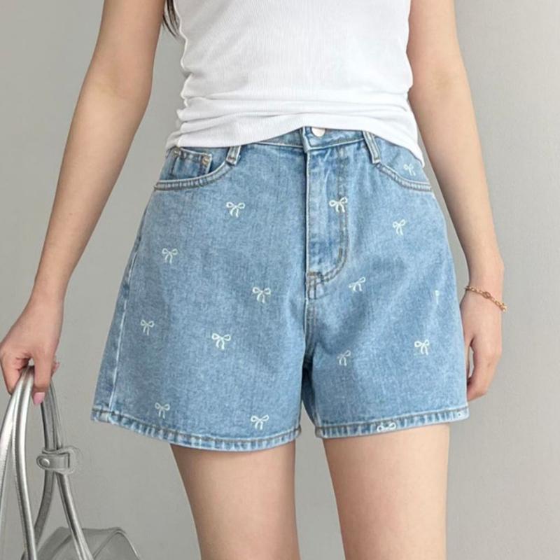 

ITOOLIN женские шикарные джинсовые шорты с вышивкой бантом и карманами, повседневные джинсовые шорты трапециевидной формы с высокой талией, женские летние офисные брюки S синий