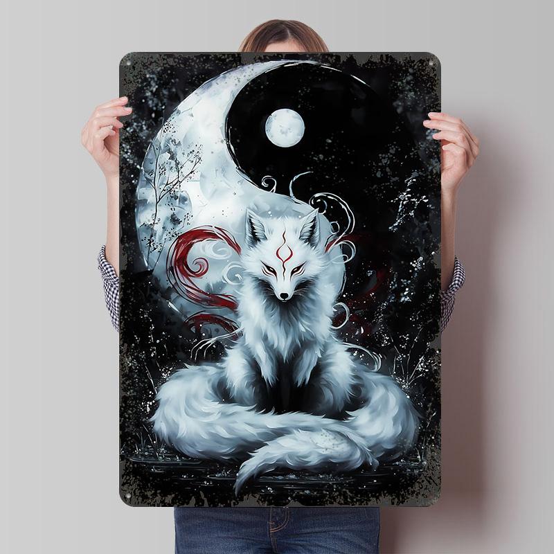 Yin and Yang Kitsune Poster Customized Wall Art Vintage Metal Signs Retro Tin Plaque for Man Cave Aesthetic Room Decor Men Home