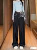Korean Style High-Waisted Embroidered Jeans with Silk Scarf Bow - Women's Retro Straight Loose Wide-Leg Pants