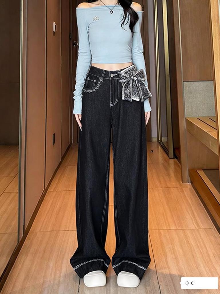 Korean Style High-Waisted Embroidered Jeans with Silk Scarf Bow - Women's Retro Straight Loose Wide-Leg Pants