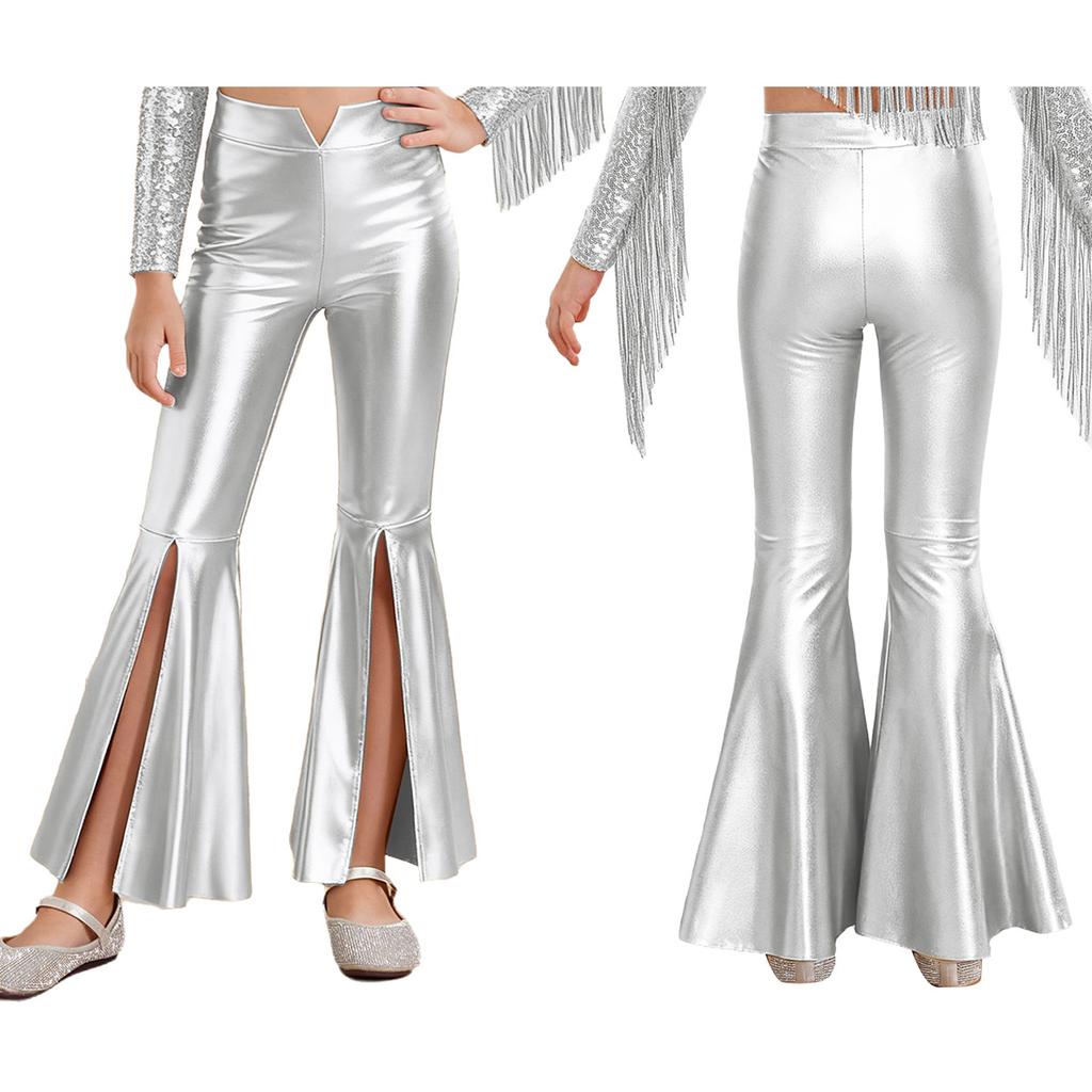 Girls Stage Competition Pants: Sparkling Metallic Fabric with Unique Split Bell-Bottom Hem for Dance & Pageant