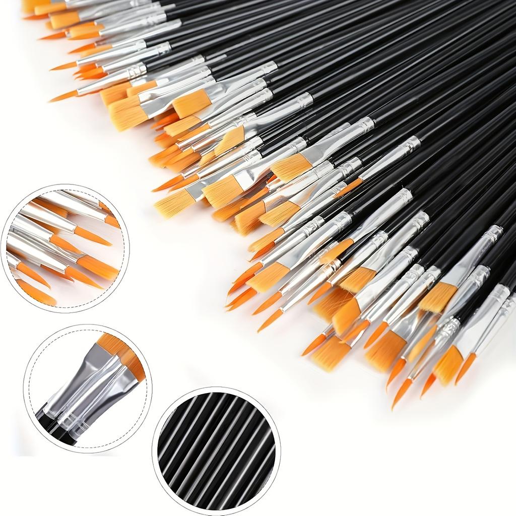 100/50pcs Black Nylon Hair Paint Brushes with Flat and Round Tip Acrylic, Suitable for Oil Painting, Craft Paint Brushes, Suitable for Acrylic