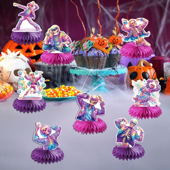 8 Pcs Halloween Disco Skeleton Honeycomb Centerpiece Glitter 80s Disco Skeleton Tabletop Honeycomb Ornament for Halloween Party Home Room Desk Decor