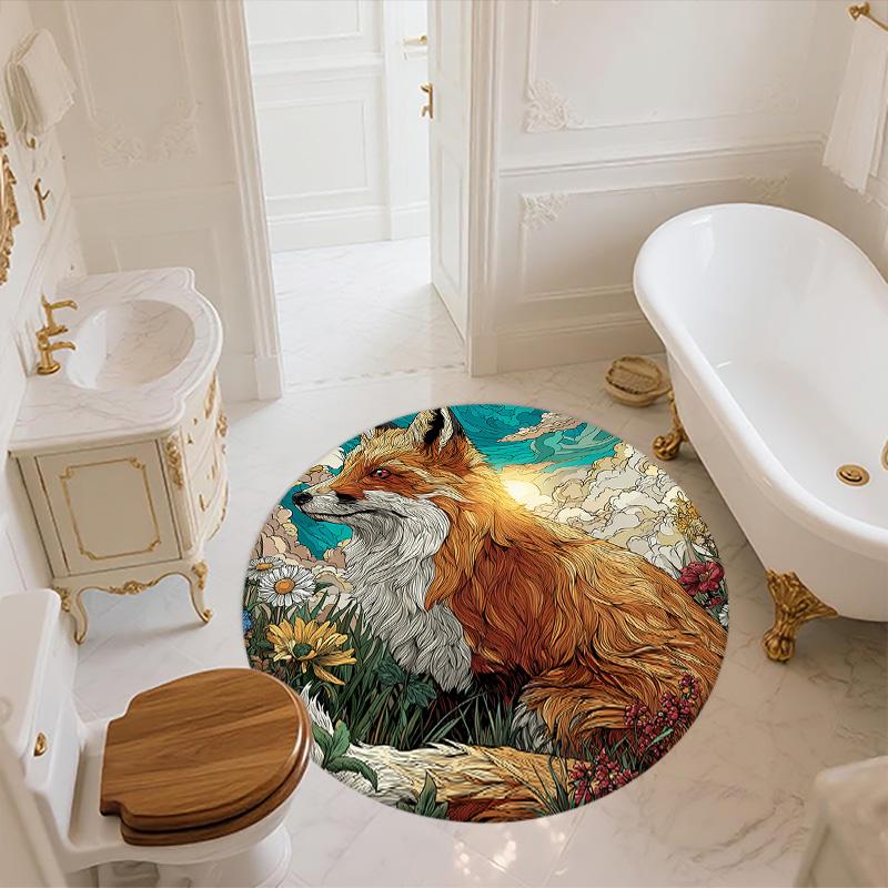 Flower Fox,Round Area Rug,Carpet Rug for Living Room Bedroom Sofa Playroom Decor,Non-slip Floor Mat