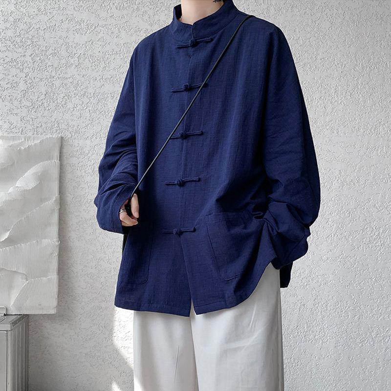 Men's Plus Size Cotton Linen Mandarin Collar Shirt with Frog Buttons