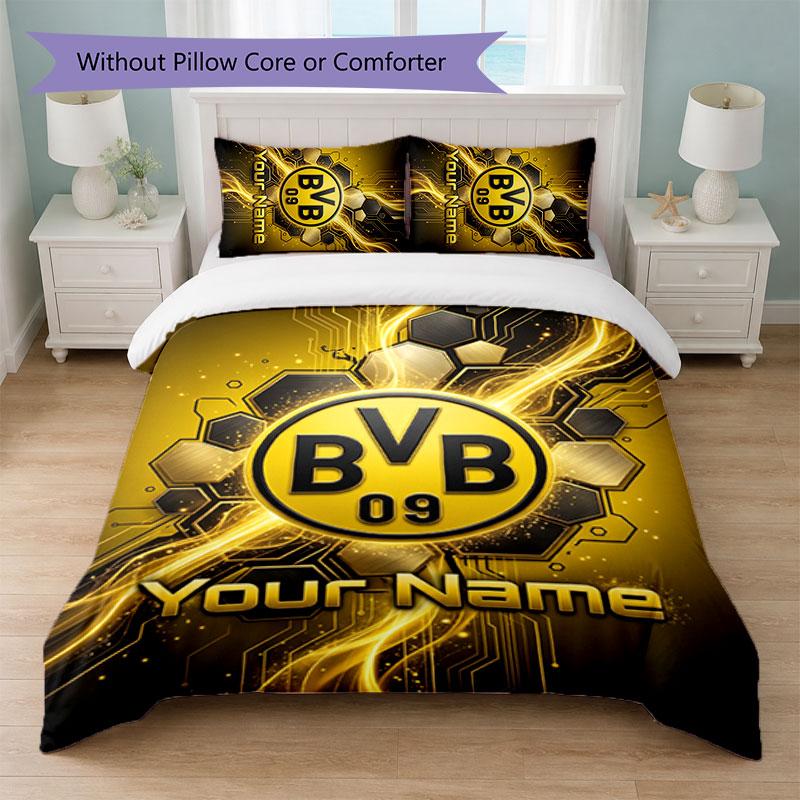 Borussia Dortmund Custom Name Text Bedding Set 1 Duvet Cover+2 Pillowcases Soccer Logo Personalized Gift For Special Occasion Bedroom Decor