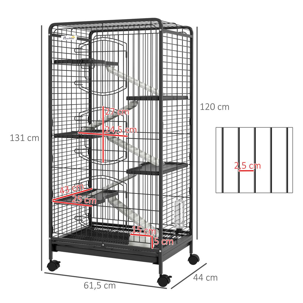 6-Level Rodent Cage with Wheels, Platforms, Removable Tray, Feeder and Waterer, 61.5x44x131 cm, Black