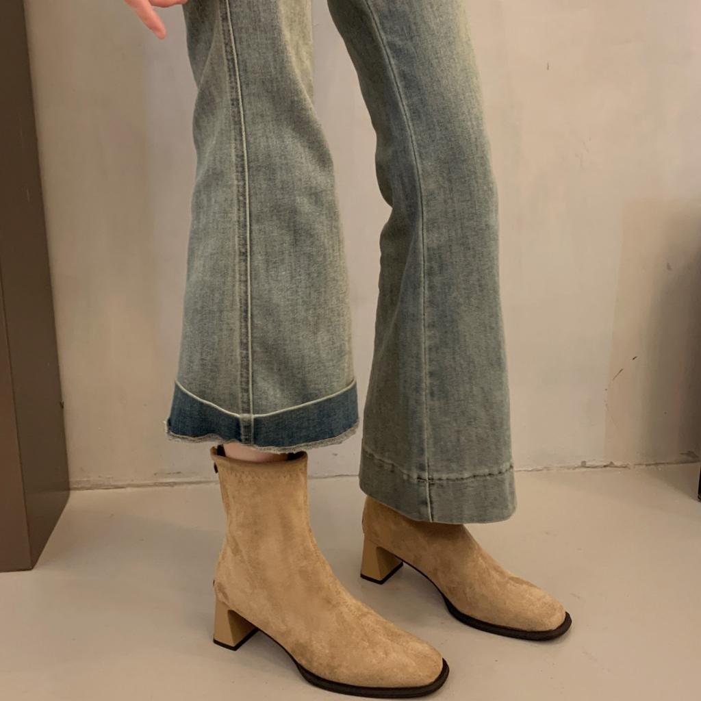 High-heeled Short Boots Women's 2025 New Spring and Autumn Single Boots Thick Heel French Small Ankle Boots Rear Zipper Square Head Elastic Thin Boots