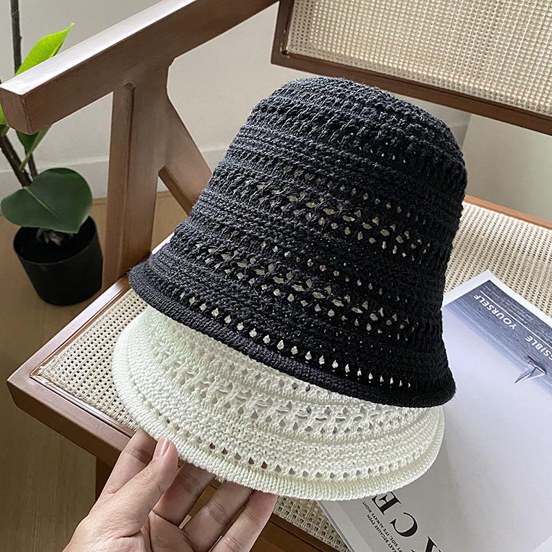 Knitted Hollow Bucket Hat Women's Summer New Solid Color Breathable Sunscreen Sunshade Bucket Basin Hat Sun Hat