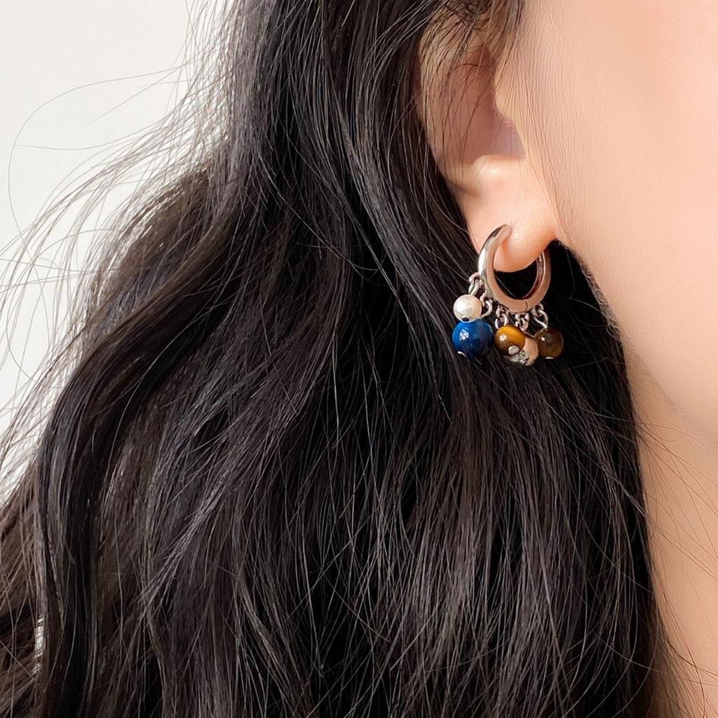 New Chinese-style blue-brown contrasting natural stone earrings, simple stud earrings, autumn and winter fringed earrings.