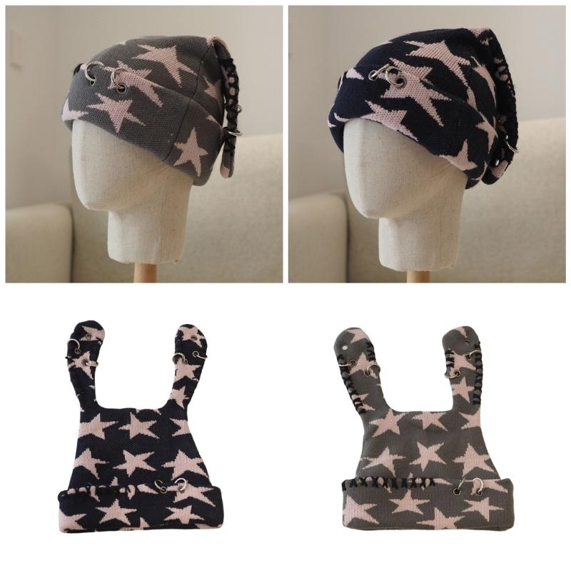 Lovely Bunnies Ear Knitted Hat Star Pattern Winter Hat Outdoor Softable Warm Hat for Winter Warmth
