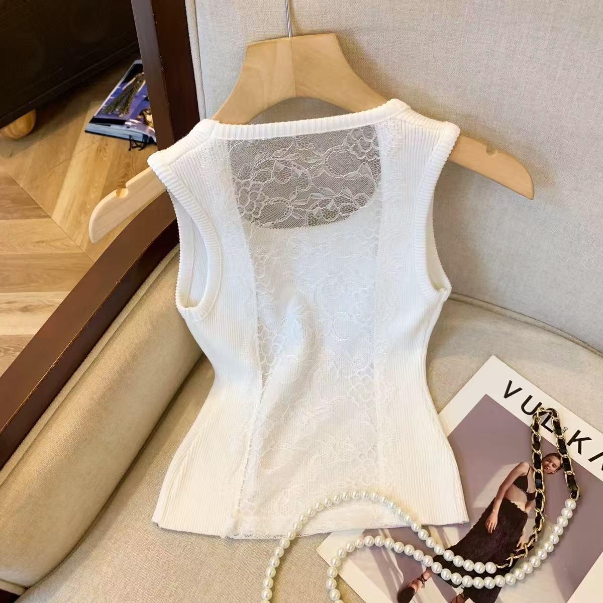 

Женский вязаный облегающий жилет с кружевной вязкой - Летний топ без рукавов для горячей девушки One size (up to 125 lbs) белый