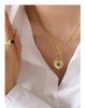 European Retro Style Heart Pendant Necklace with Green Acrylic Inlay, Gold-Plated Titanium Steel Cuban Chain