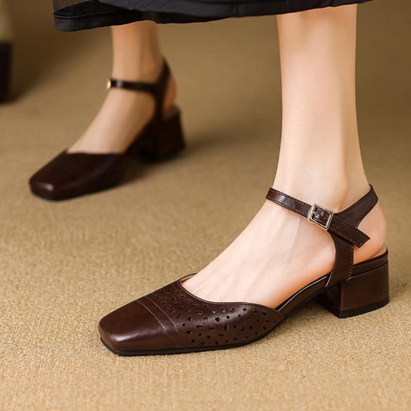 Eleganckie Damskie Sandały Letnie Buty 2025 Modne Niskie Obcasy Zamknięty Nosek Czarne Brązowe Obuwie Buty Damskie Wygodne