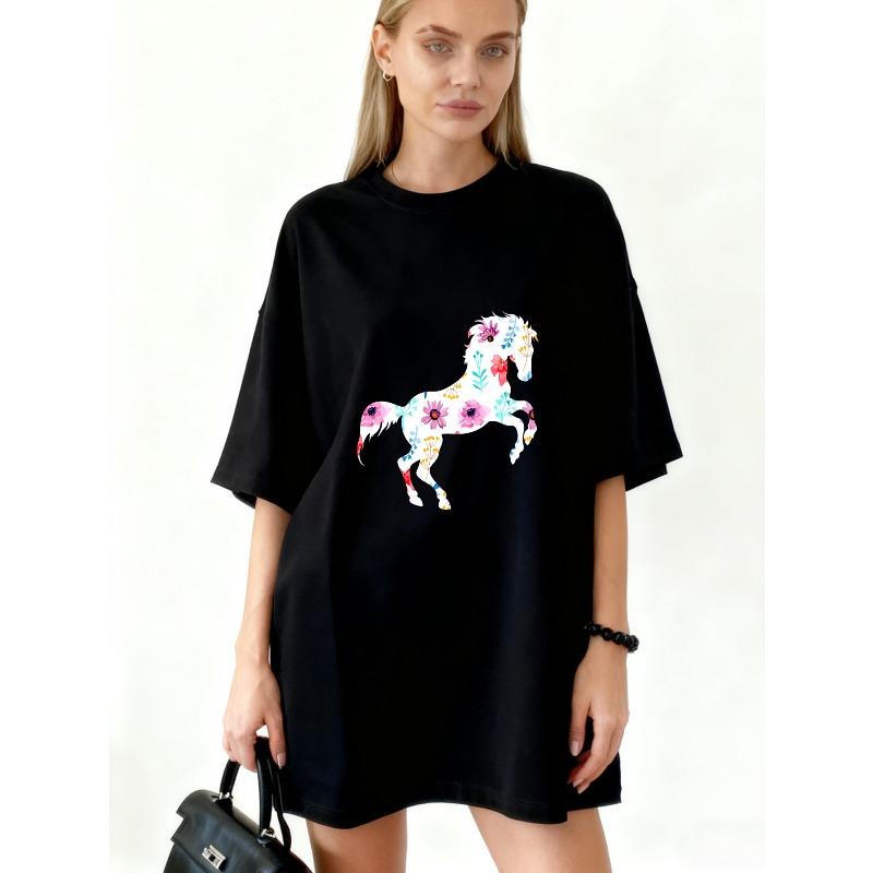 

Oversized T Shirt Dress Black Floral Horse Print Casual Wear For Women XXXXL чорний