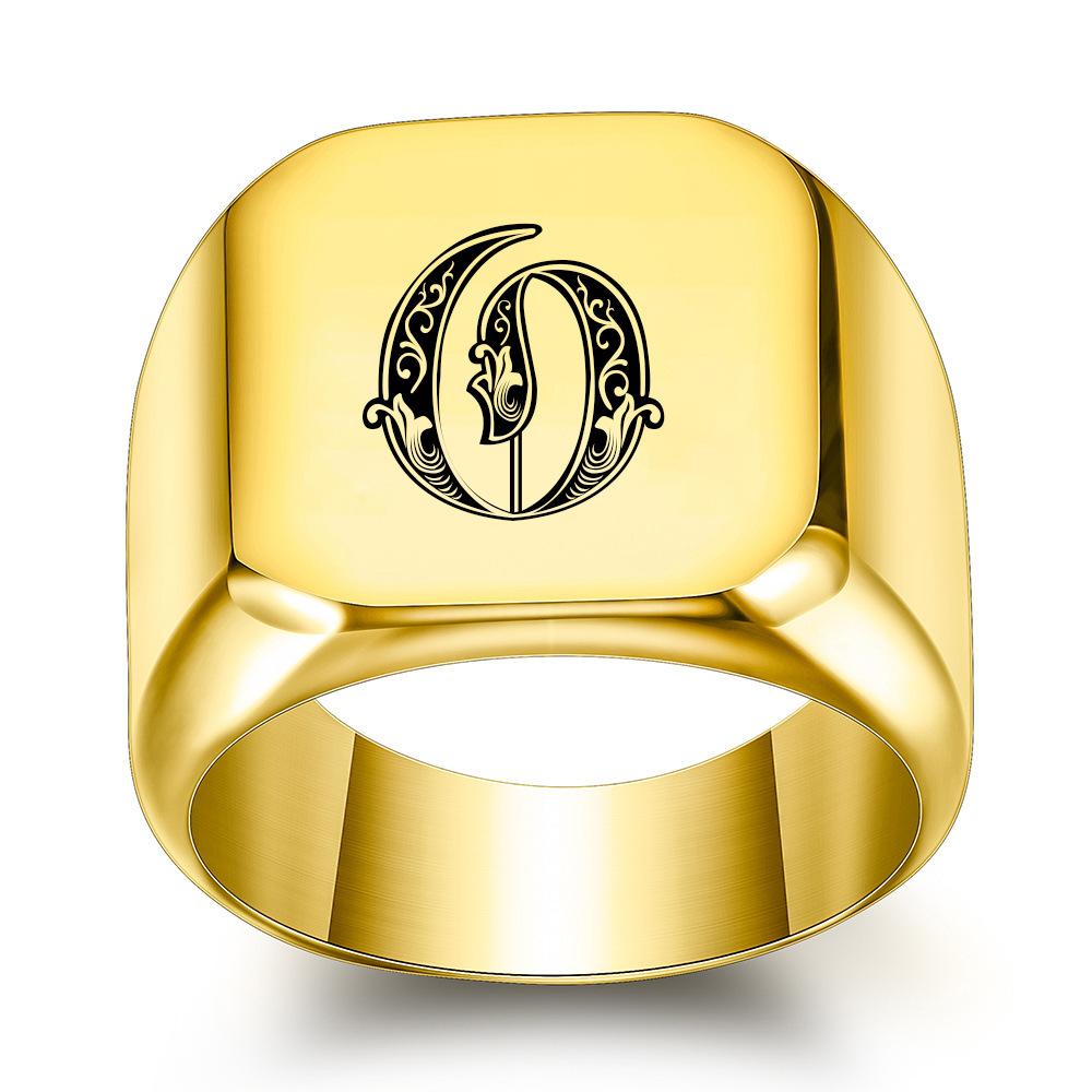 Europe, America 26 personalized English initials titanium steel ring male retro punk square 14MM gold trendy male wholesale
