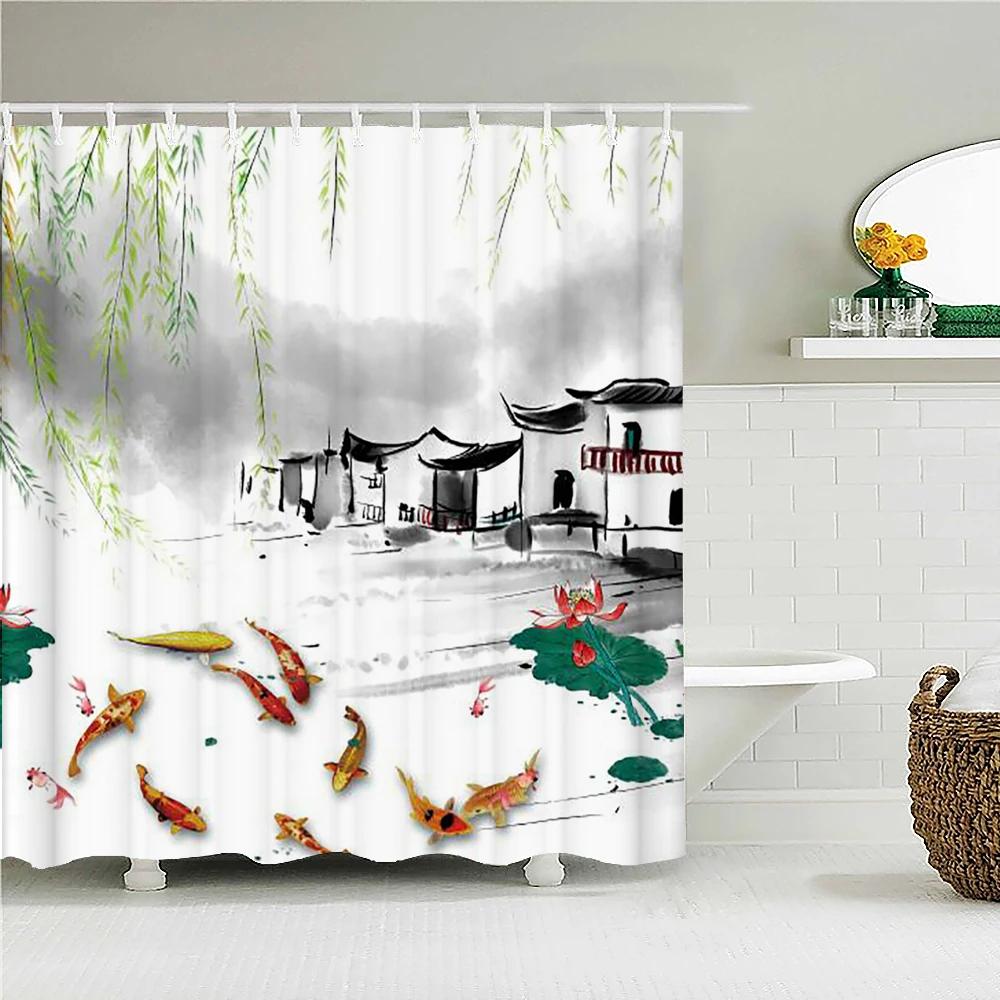 Japanese Sea Waves Koi Spray Fabric Shower Curtain Bathroom Curtains Plum Blossoms Mount Fuji Landscape Bath Screen With Hooks