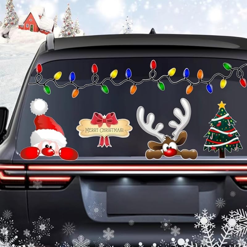 Christmas Peeking Reflective Car Decals Santa Claus Reindeer Snowman Funny Car Stickers For Auto,SUV,Truck, Refrigerator Window Indoor And Outdoor