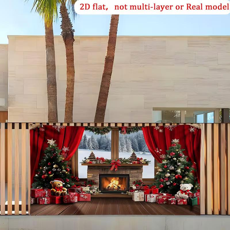 2D Flat Winter Christmas Garage Banner, Cozy Fireplace & Snowy Window Party Background